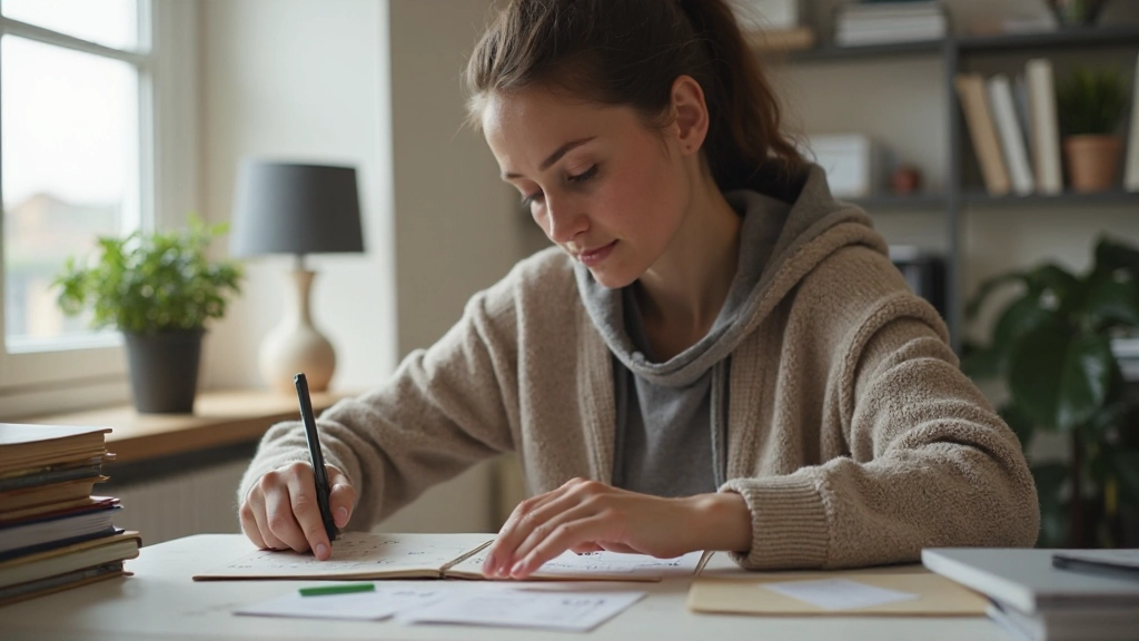 Estudante iniciante praticando português em ambiente de aprendizado online moderno