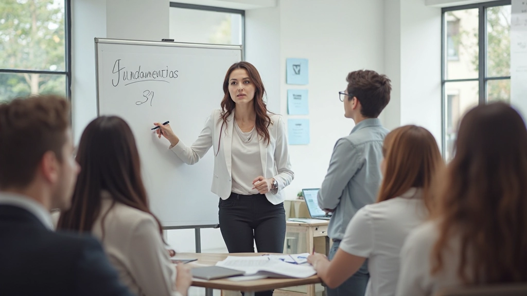 Profissional ensinando fundamentos de português em sala de aula moderna