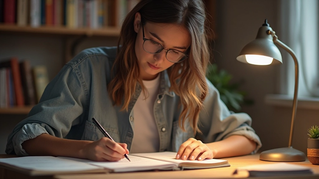 Estudante anotando novas palavras em português em um caderno de vocabulário durante sessão de aprendizagem
