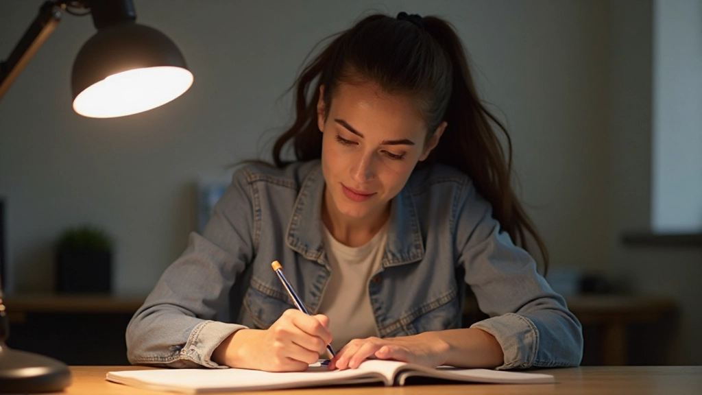 Estudante anotando vocabulário novo em caderno de aprendizado