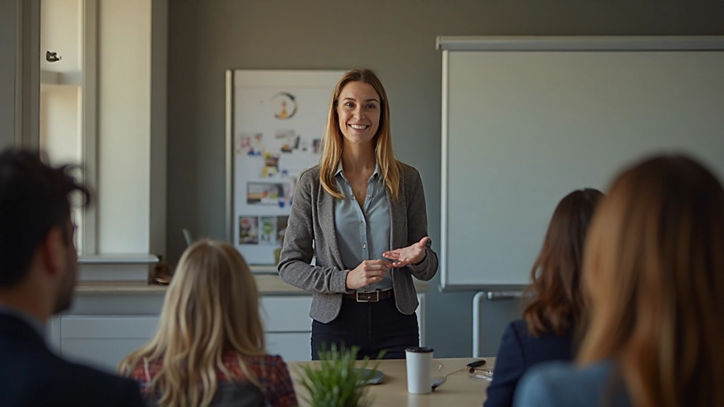 Aula de português para iniciantes com professor demonstrando pronúncia, sala de aula moderna, quadro com vocabulário básico