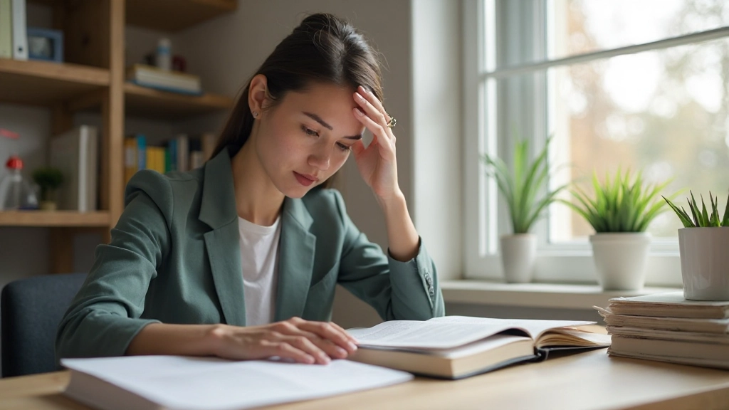 Mulher estudando português com materiais didáticos em ambiente de aprendizado