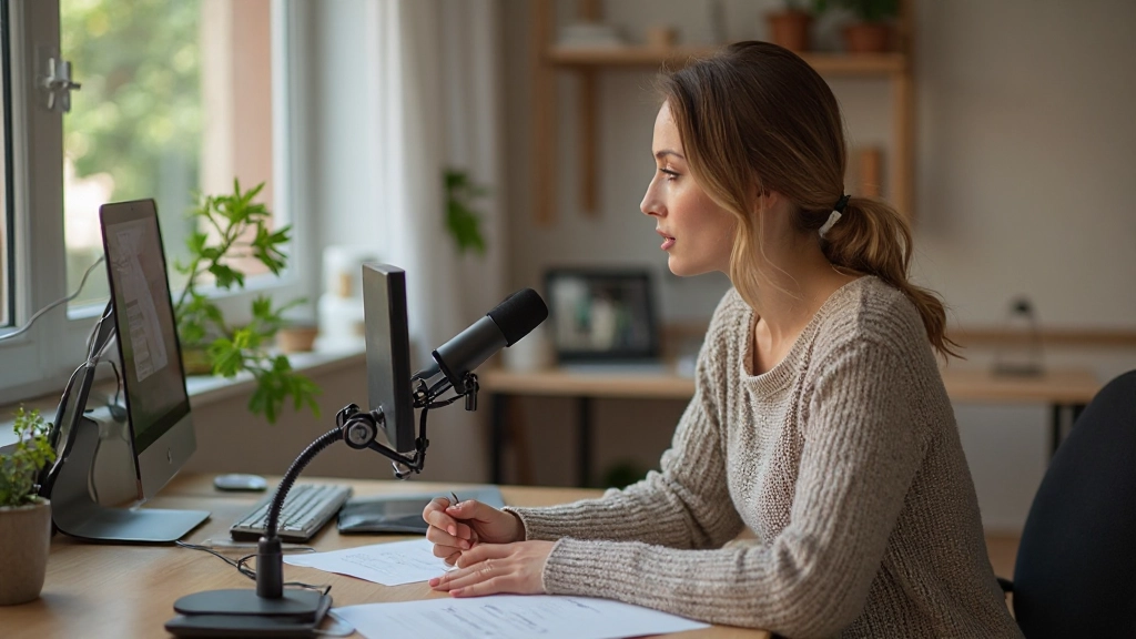 Mulher praticando conversação em português com fones de ouvido em ambiente de escritório moderno