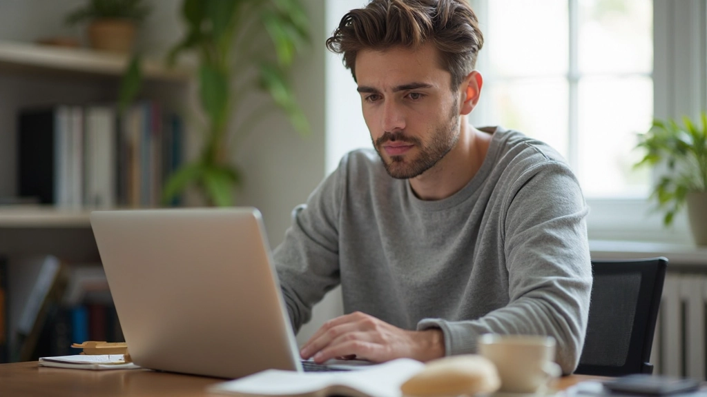 Estudante iniciante praticando português em ambiente de aprendizado online moderno