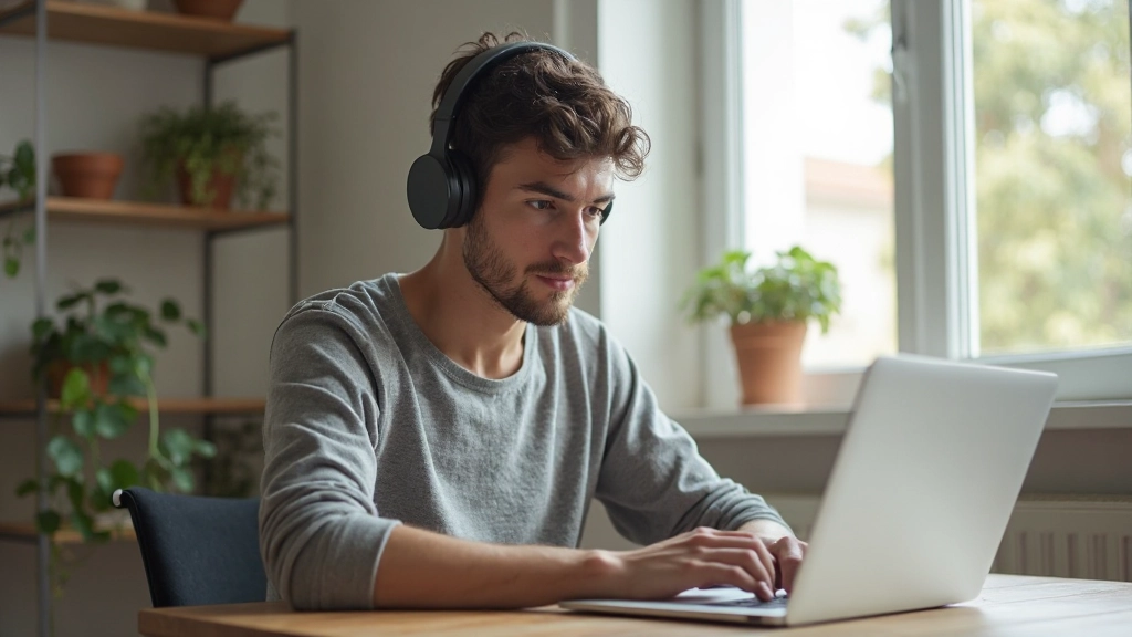 Estudante iniciante praticando português em ambiente de aprendizado online moderno